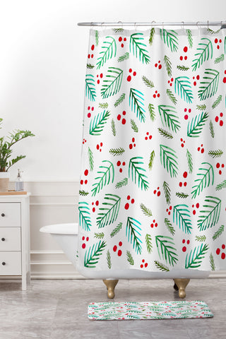Angela Minca Xmas branches white Shower Curtain And Mat