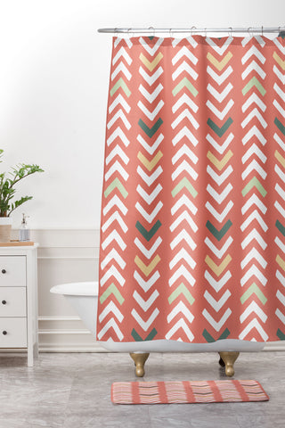 Avenie Abstract Chevron Coral Shower Curtain And Mat