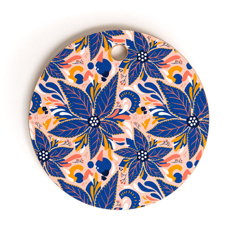 Avenie Abstract Floral Pink and Blue Cutting Board Round