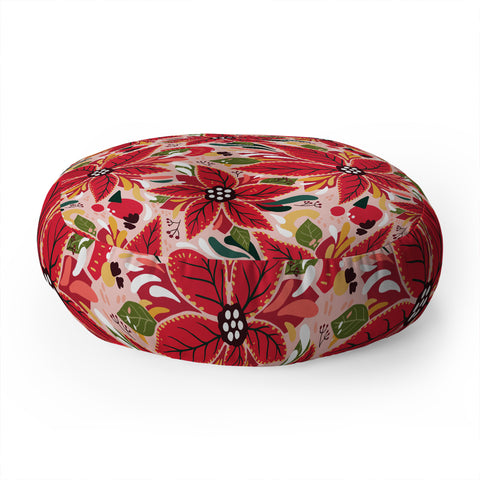 Avenie Abstract Floral Poinsettia Red Floor Pillow Round