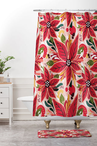 Avenie Abstract Floral Poinsettia Red Shower Curtain And Mat