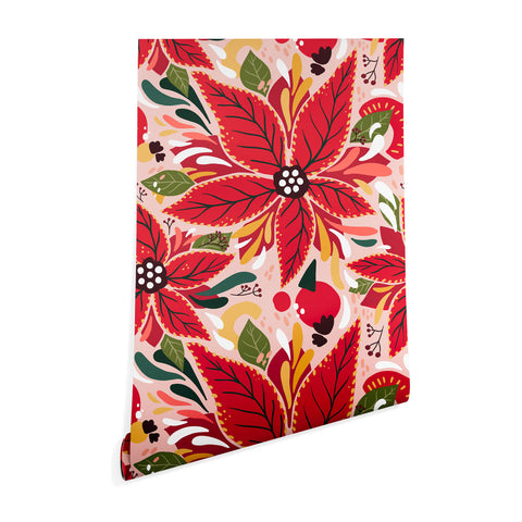 Avenie Abstract Floral Poinsettia Red Wallpaper