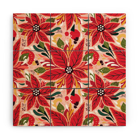 Avenie Abstract Floral Poinsettia Red Wood Wall Mural