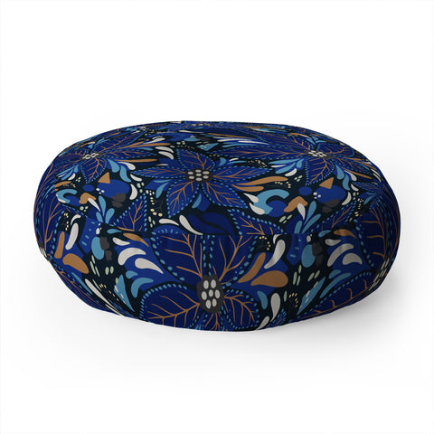 Avenie Abstract Florals Blue Floor Pillow Round