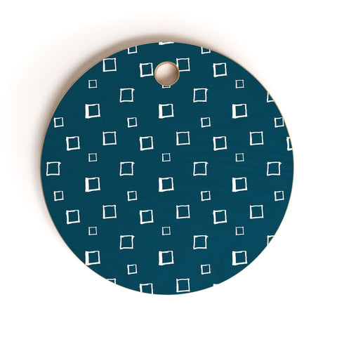 Avenie Abstract Squares Navy Blue Cutting Board Round