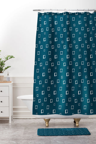 Avenie Abstract Squares Navy Blue Shower Curtain And Mat