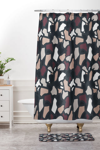 Avenie Abstract Terrazzo Black Shower Curtain And Mat