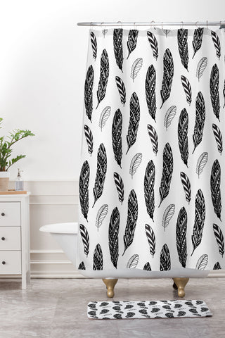 Avenie Boho Feathers Black and White Shower Curtain And Mat