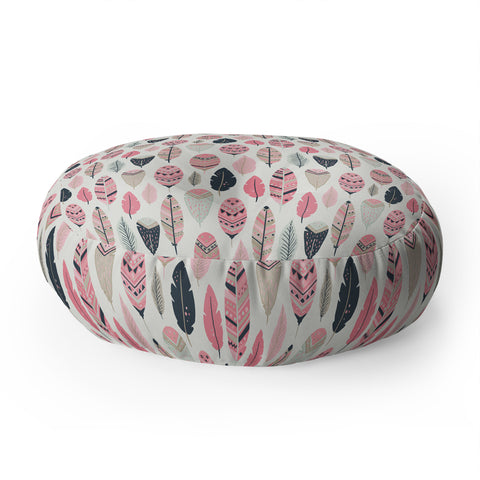 Avenie Boho Feathers Pink and Navy Floor Pillow Round