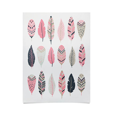 Avenie Boho Feathers Pink and Navy Poster