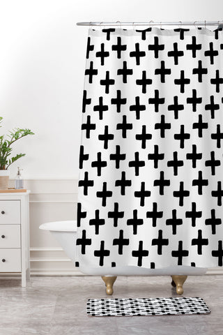 Avenie Cross Pattern Black and White Shower Curtain And Mat