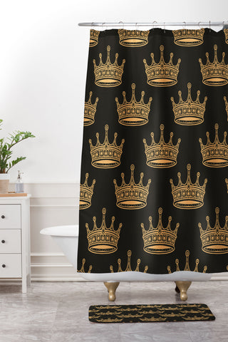 Avenie Crown Pattern Black Shower Curtain And Mat