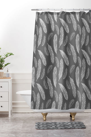 Avenie Floating Feathers Dark Gray Shower Curtain And Mat