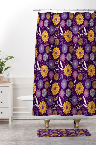 Avenie Floral Pattern Purple Shower Curtain And Mat