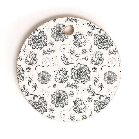 Avenie Ink Flowers Black And White Cutting Board Round