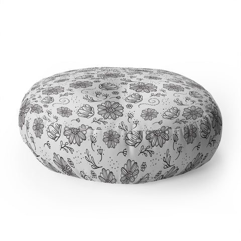 Avenie Ink Flowers Black And White Floor Pillow Round