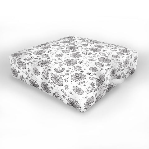 Avenie Ink Flowers Black And White Outdoor Floor Cushion