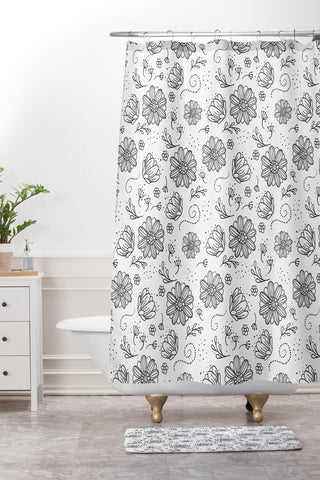 Avenie Ink Flowers Black And White Shower Curtain And Mat