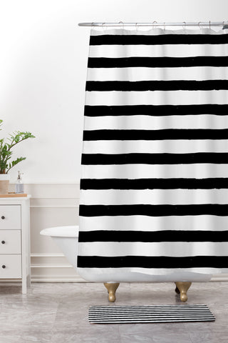 Avenie Ink Stripes Black and White Shower Curtain And Mat