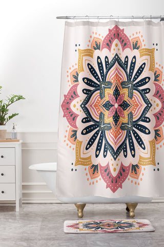 Avenie Mandala Pink Yellow and Navy Shower Curtain And Mat