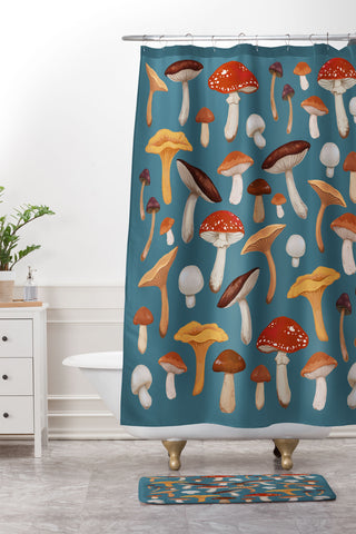 Avenie Mushroom In Teal Shower Curtain And Mat