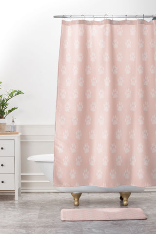 Avenie Paw Print Pattern Pink Shower Curtain And Mat