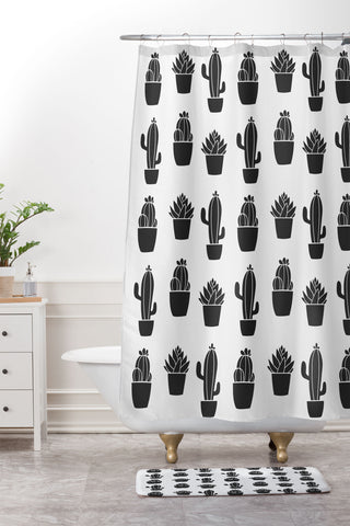 Avenie Succulents Black and White Shower Curtain And Mat