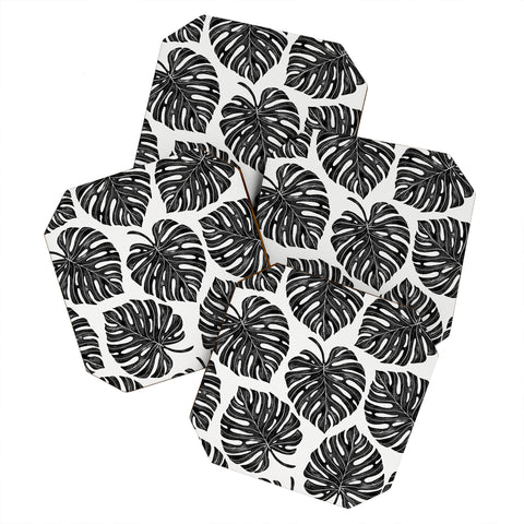 Avenie Tropical Palm Leaves Black Coaster Set
