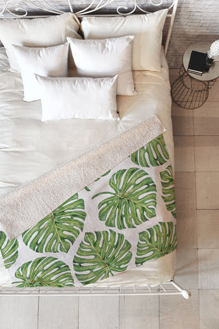 Avenie Tropical Palm Leaves Green Fleece Throw Blanket