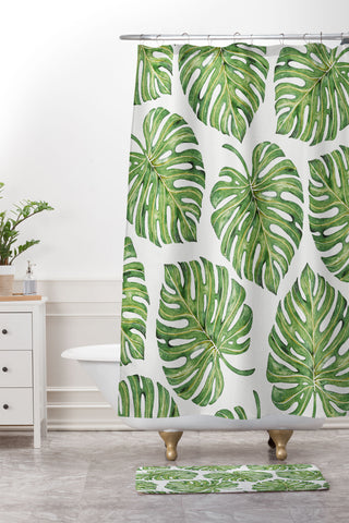 Avenie Tropical Palm Leaves Green Shower Curtain And Mat