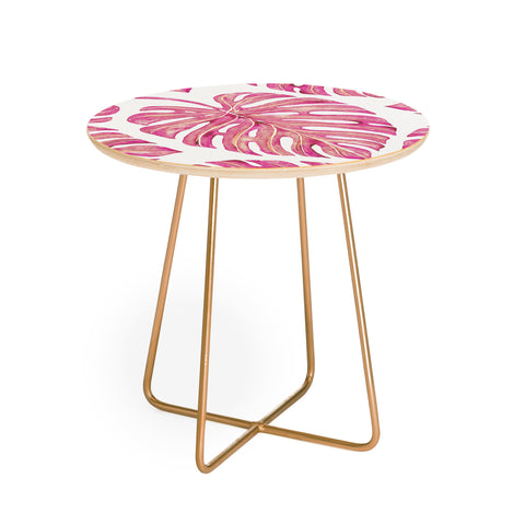 Avenie Tropical Palm Leaves Pink Round Side Table