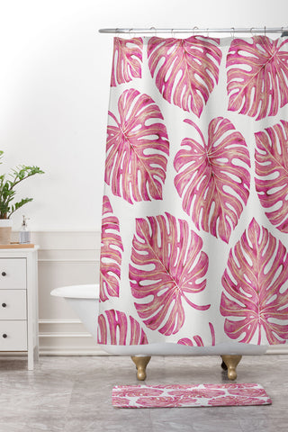 Avenie Tropical Palm Leaves Pink Shower Curtain And Mat