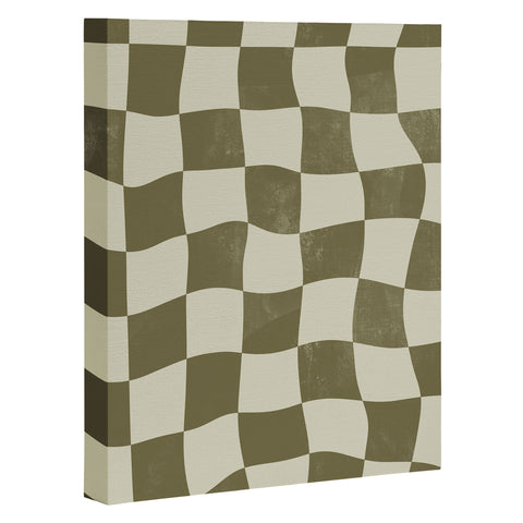 Avenie Warped Checkerboard Olive Art Canvas