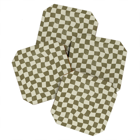 Avenie Warped Checkerboard Olive Coaster Set