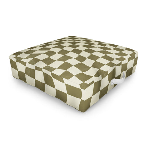 Avenie Warped Checkerboard Olive Outdoor Floor Cushion