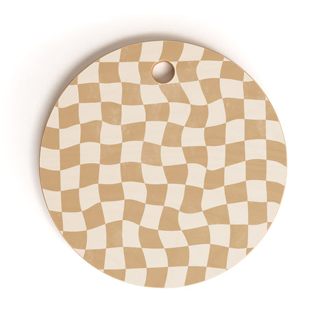 Avenie Warped Checkerboard Tan Cutting Board Round