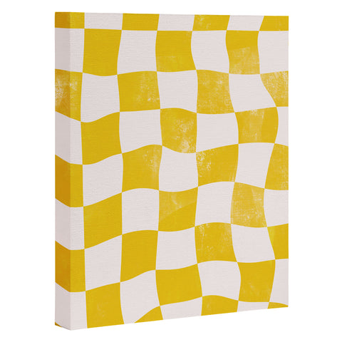 Avenie Warped Checkerboard Yellow Art Canvas
