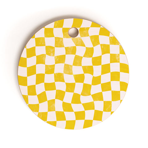 Avenie Warped Checkerboard Yellow Cutting Board Round