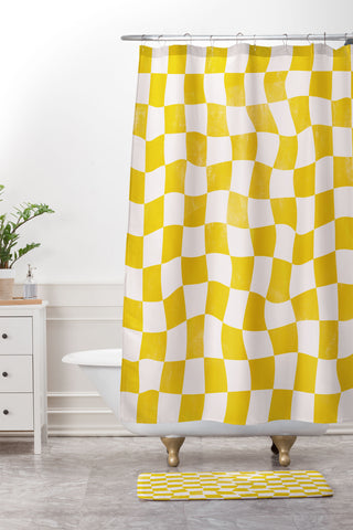 Avenie Warped Checkerboard Yellow Shower Curtain And Mat