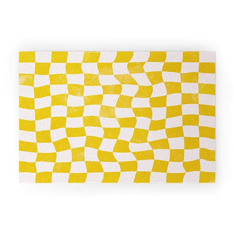 Avenie Warped Checkerboard Yellow Welcome Mat