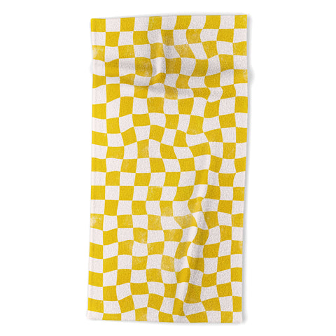 Avenie Warped Checkerboard Yellow Beach Towel
