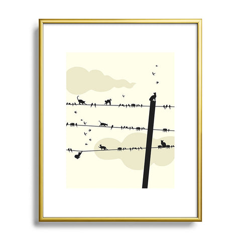 Belle13 Cats And Birds On Wires Metal Framed Art Print