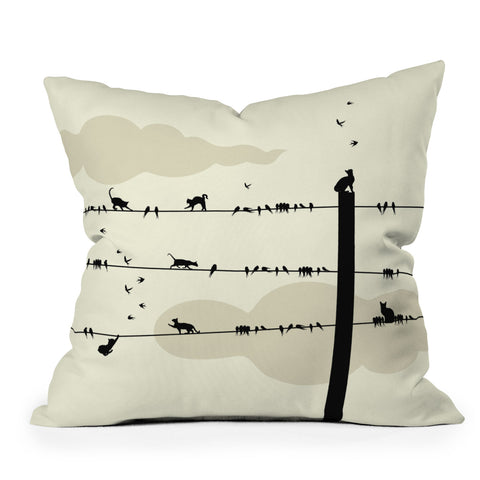 Belle13 Cats And Birds On Wires Throw Pillow