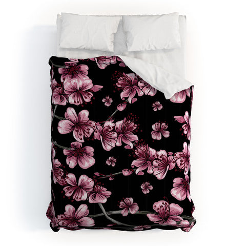 Belle13 Cherry Blossoms On Black Comforter