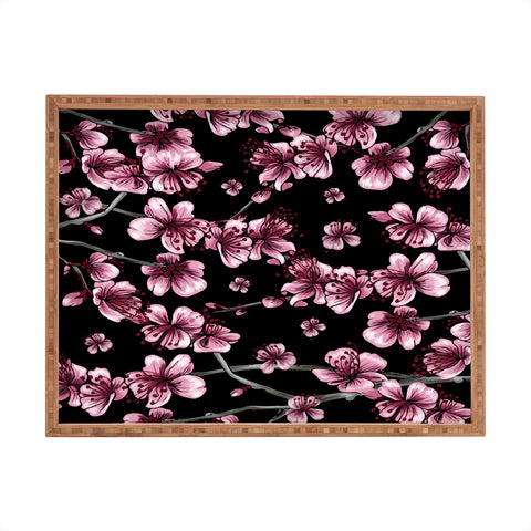 Belle13 Cherry Blossoms On Black Rectangular Tray