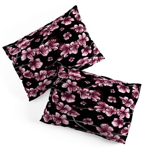 Belle13 Cherry Blossoms On Black Pillow Shams