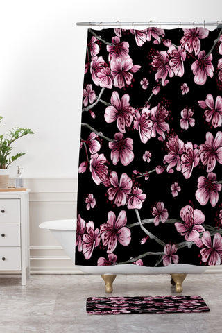 Belle13 Cherry Blossoms On Black Shower Curtain And Mat