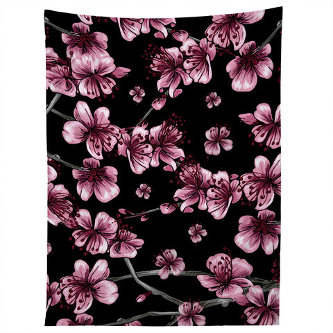 Belle13 Cherry Blossoms On Black Tapestry