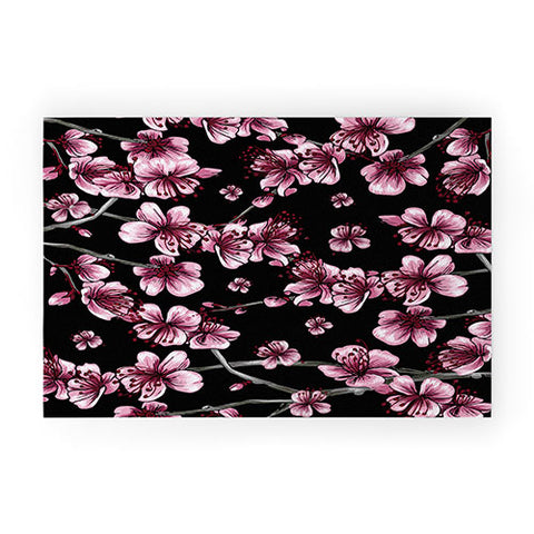 Belle13 Cherry Blossoms On Black Welcome Mat