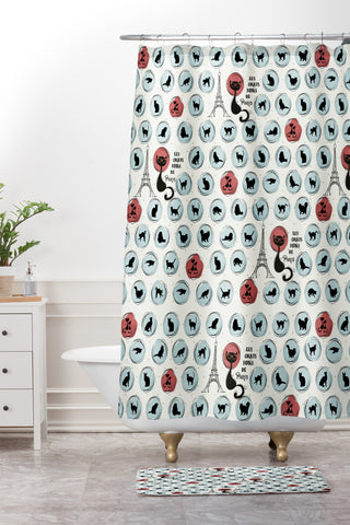 Belle13 Les Chats Noirs Shower Curtain And Mat